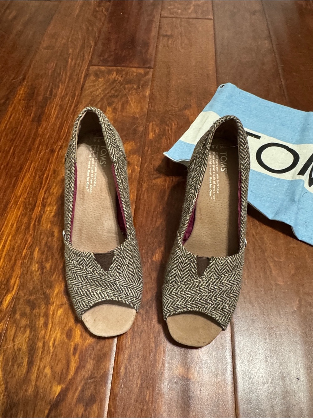 Toms Brown Herringbone Peep-Toe Flats